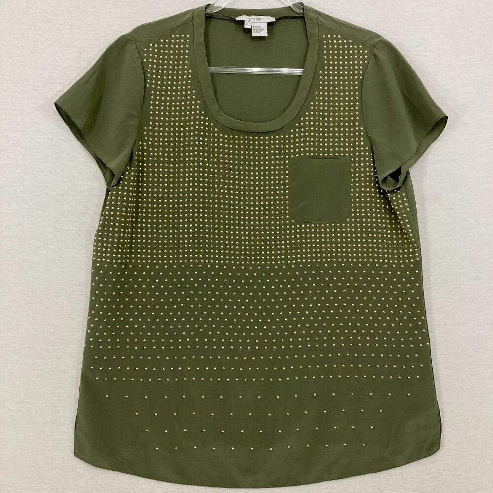 Per Se size 12 Green Golden Beaded Pure Silk Short Sleeve Comfy Blouse